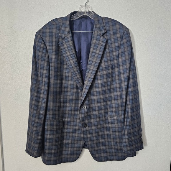 Samuelsohn Performance Mens Plaid Blazer Jacket Wool Blend Blue Gray Size‎ 48